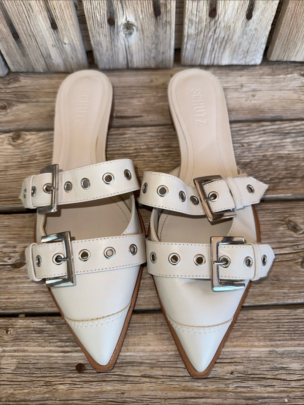 SCHUTZ Off White Pointed-Toe Double Buckle Slide Mules